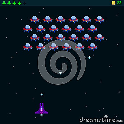 Retro video game, screen, arcade space warships, shooting, background map, vector graphic design illustration. 16 bit, 8 bit . Spa Cartoon Illustration